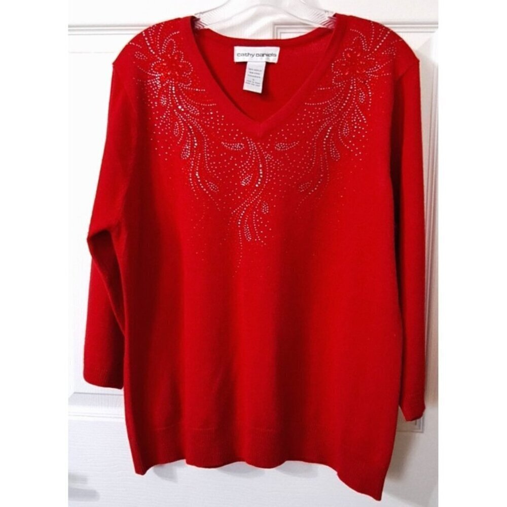 Cathy Daniels Women's L Red Long Sleeve Pullover Sweater Rhinestones Holiday